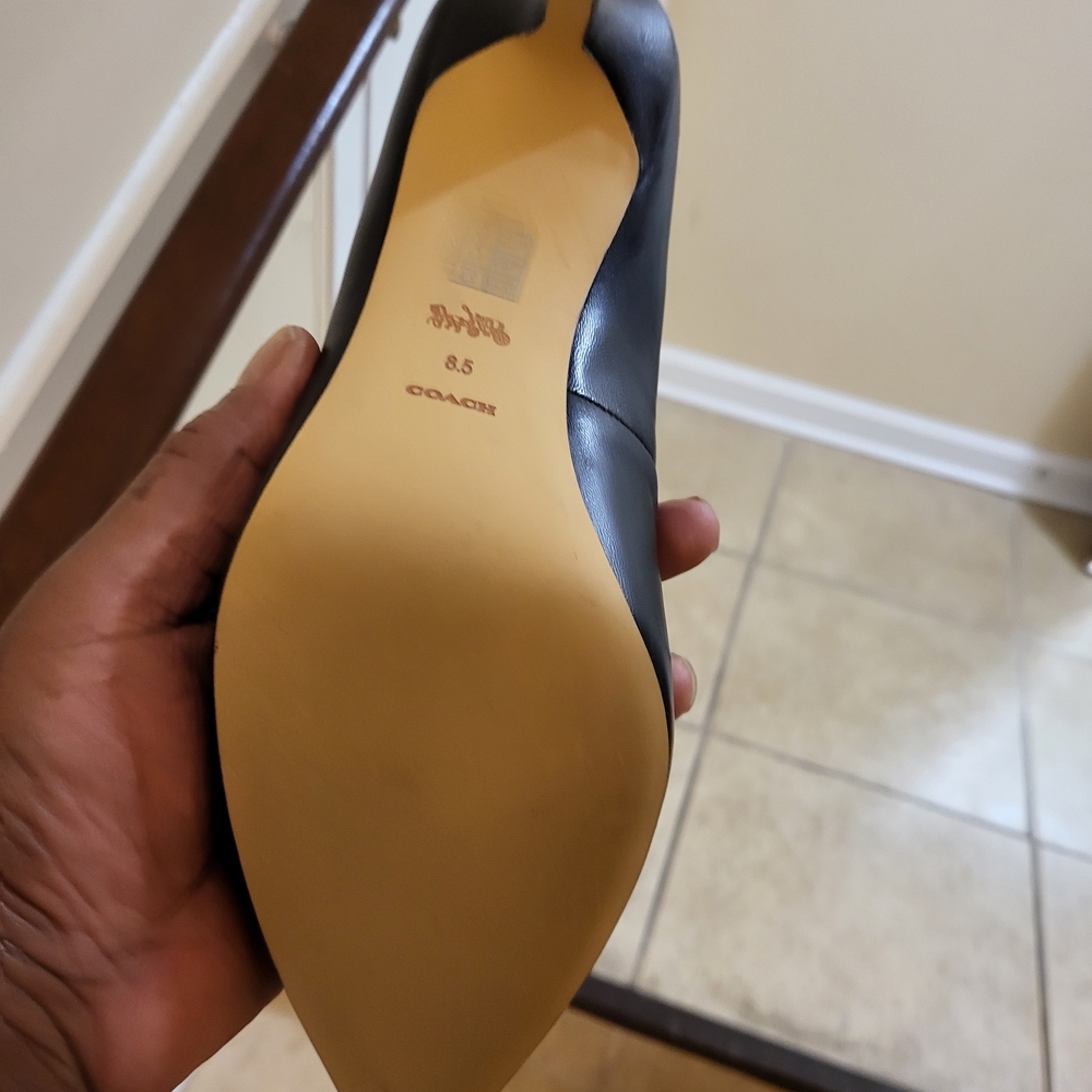 Coach Black Leather Heels with Gold Accents - Picture 2 of 5